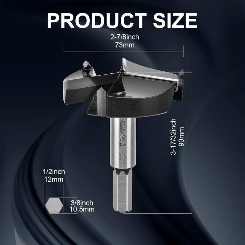 Mollom (73mm|2-7/8") Triple Flute Forstner Drill Bit for Woodworking with 3-Cutter YG8 Carbide Tipped of 2.0mm,Hinge Cutter Tool Kits for Hard Soft Wood, Plastic, Plywood - Image 2